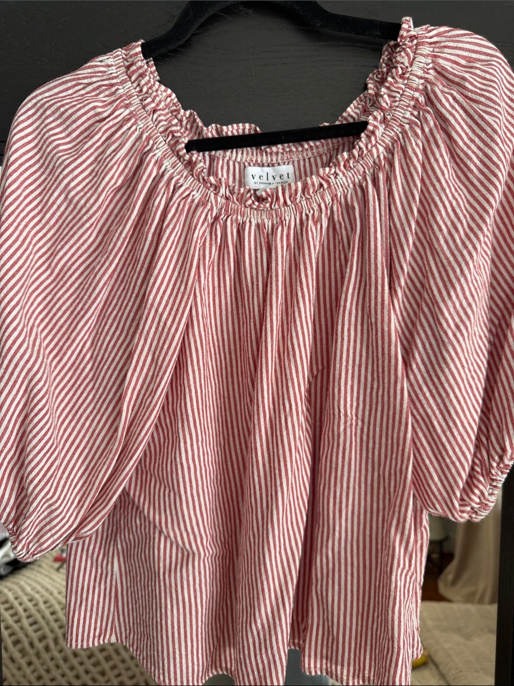 Velvet by Graham & Spencer Red and White Striped Peasant Top